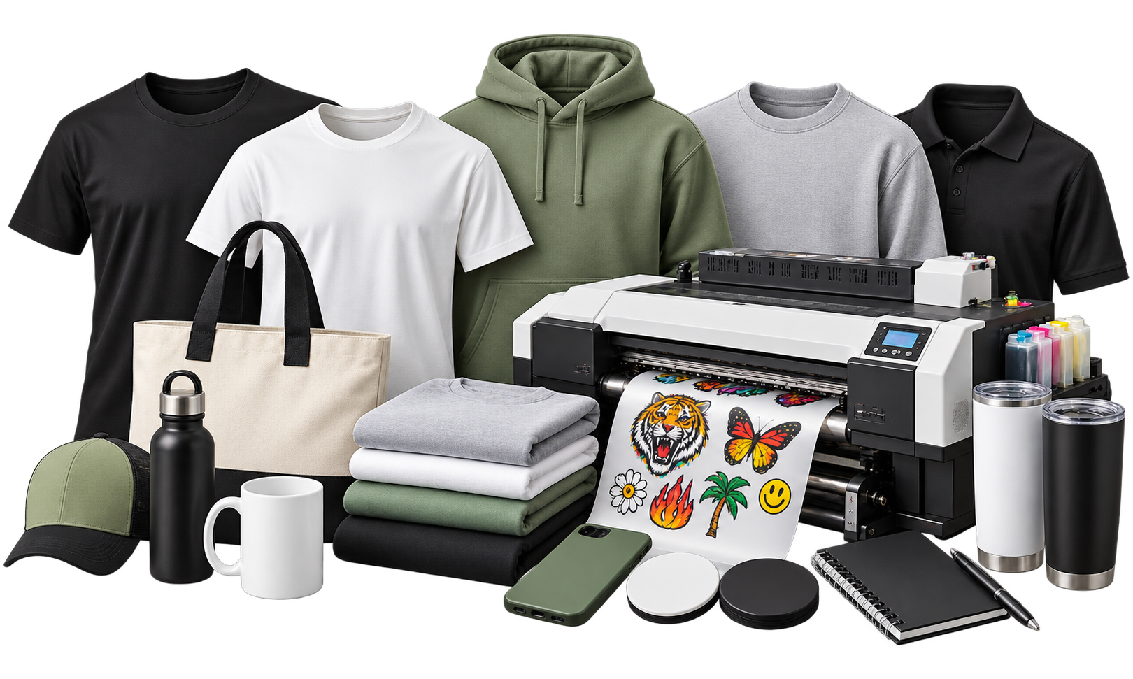 Custom printed apparel, hats, drinkware, tote bags, signs, and DTF printing equipment