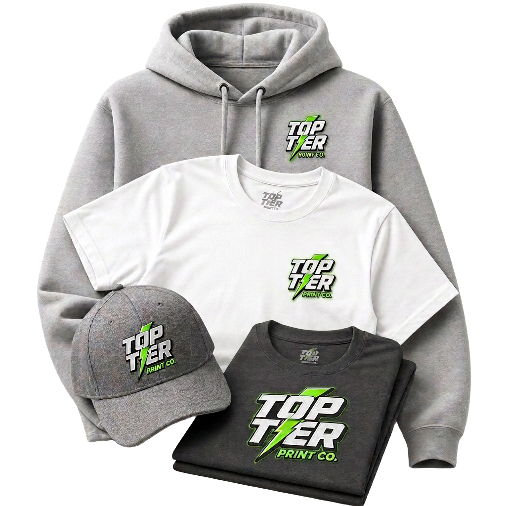 Top-Tier Print Co. branded hoodies, tees, and caps